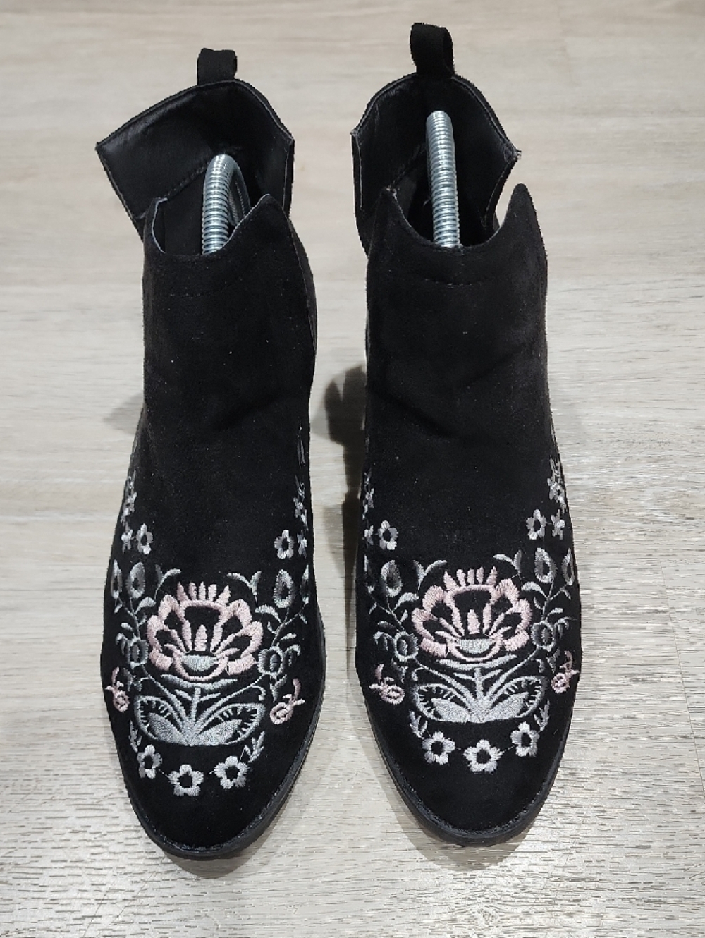 Olivia Miller Black Suede Ankle Booties with Pink & Silver Floral Embroidery 10 - Picture 2 of 8